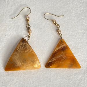 Triangle Dangle Drop Earrings Shimmery Golden Orange Shell Lucite Pearly Beads